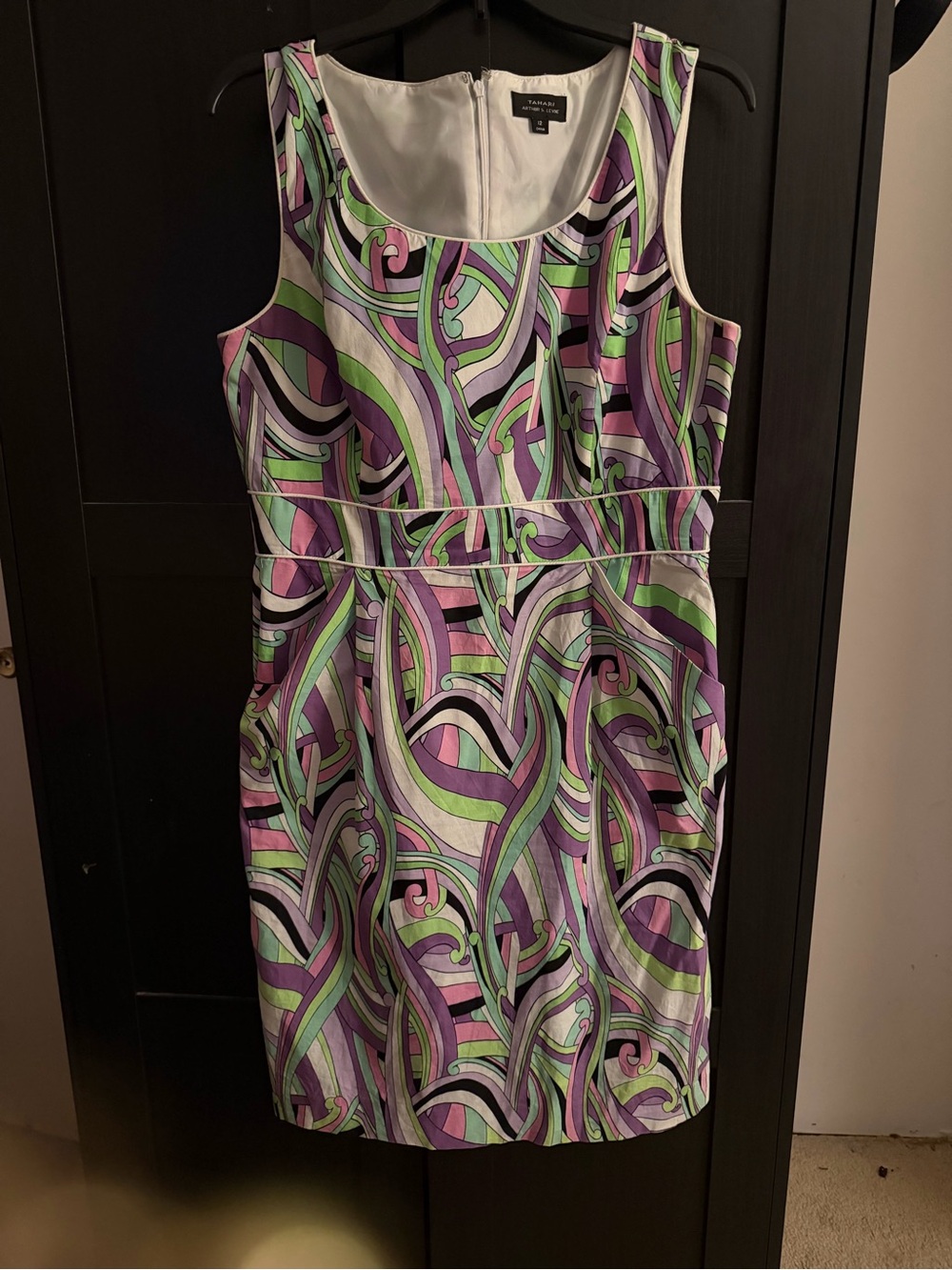 Tahari Purple, Green & White Printed Sleeveless Sheath Dress